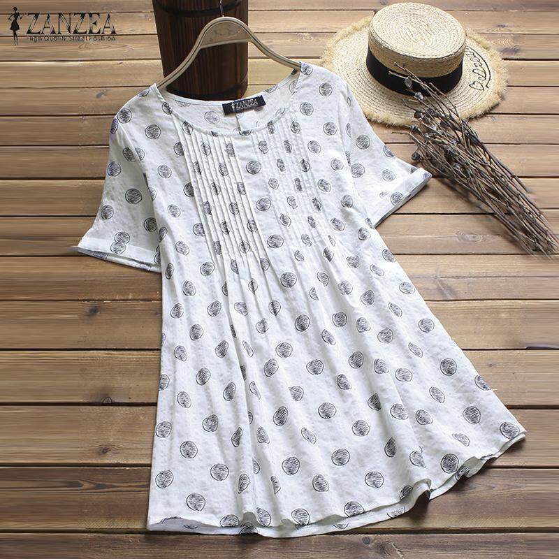 Muangee Women Vintage Retro Pullover Top Tee T Shirt Cotton Polka Dot Flare Tunic Blouse ZANZEA