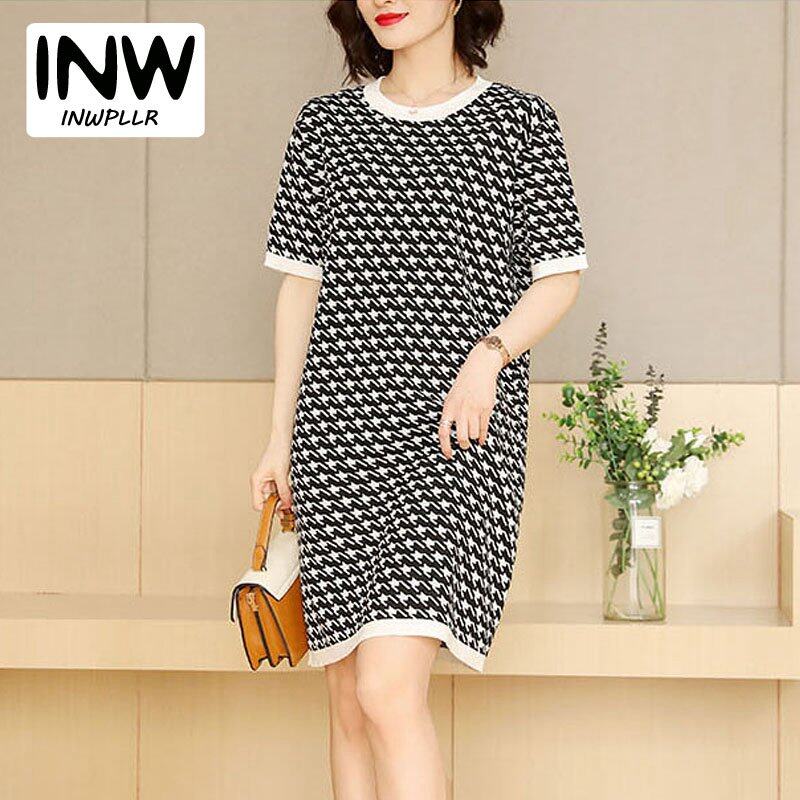 INWPLLR Women's Fashion Dresses Houndstooth Dress Casual Korean Short Sleeve Round Neck Ladies Dress All-match Fashionable Dress