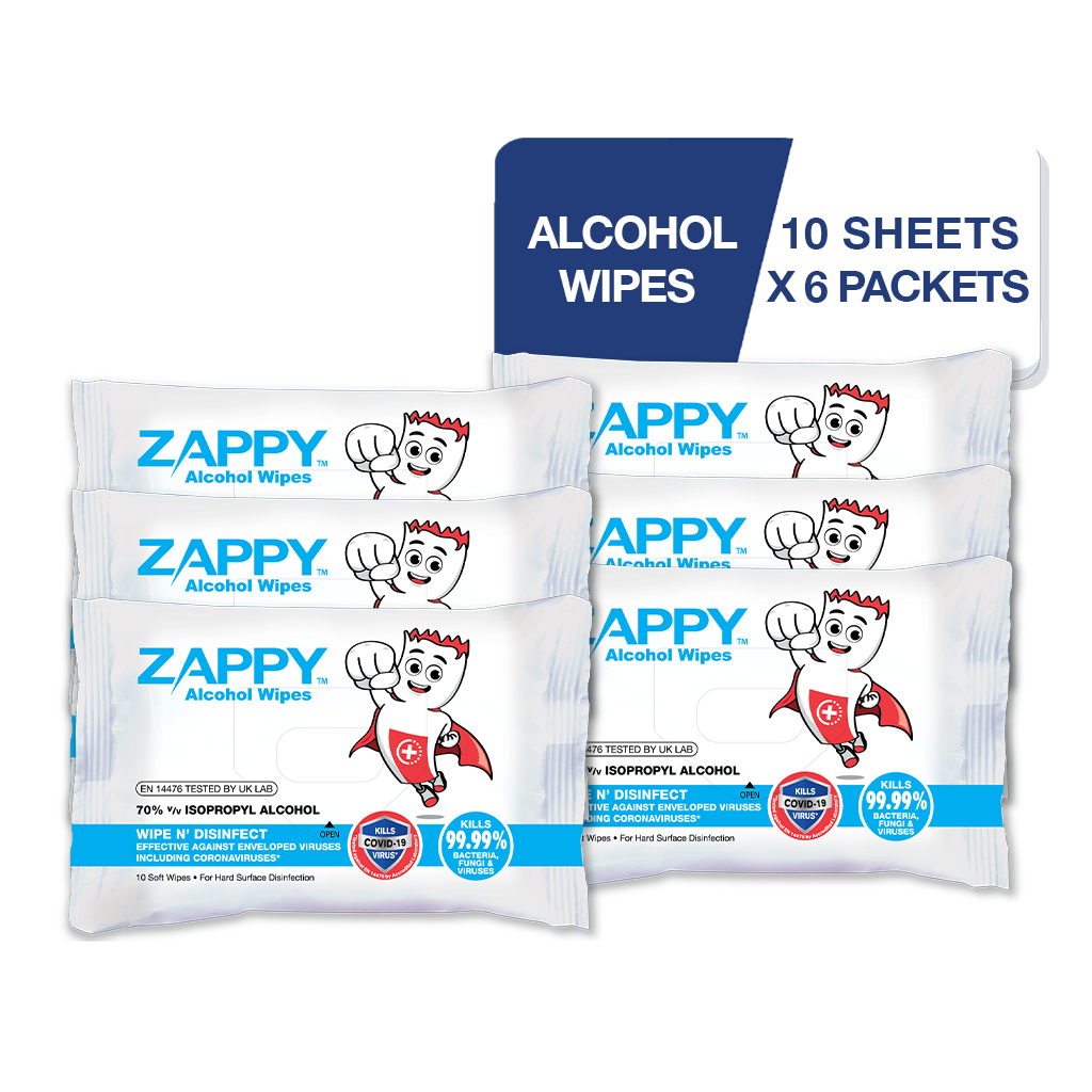 Zappy Alcohol Wipes Resealable 10 Sheets x 6 Packets, 70% IPA Wet Wipes
