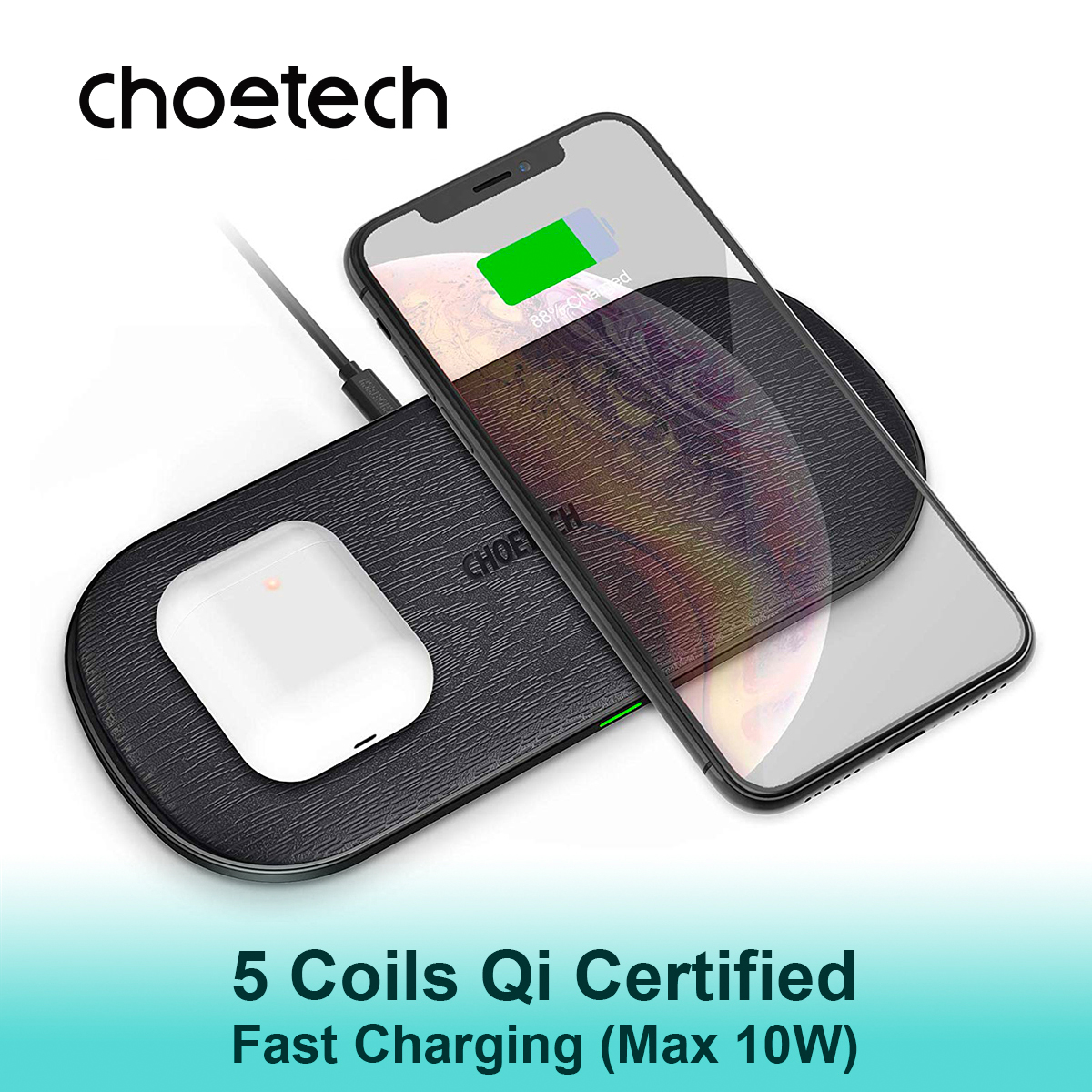 CHOETECH PowerDual 5 Coils Qi Certified Fast Wireless Charging Pad For iPhone 11/ 11 Pro/ 11 Pro Max, AirPods Pro, Samsung - Wood Grain