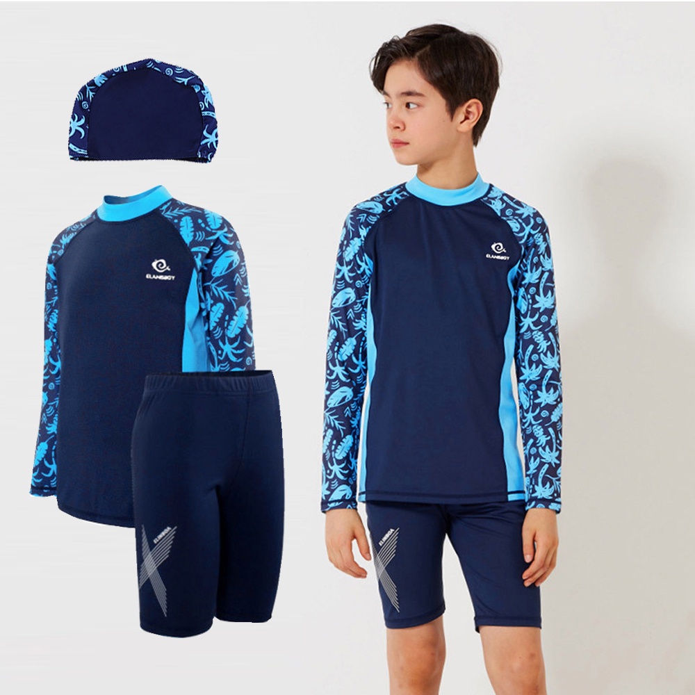 9-14Yrs Youth Kids Swimwear Long Sleeve Top+Pant+Swim Cap Teen Boys Split Swimsuit Plus Size Suit for 30-555KG