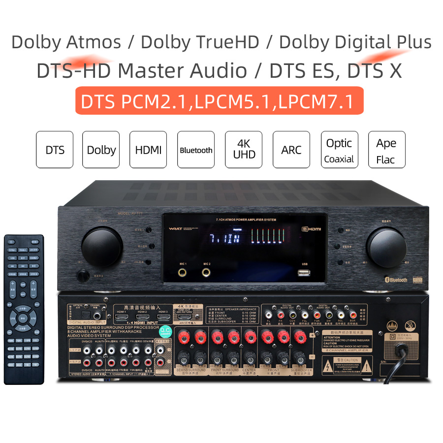 7.1 Home Theater AV Flagship Receiver 600W High Power Amplifier 3D Surround Sound Support Dolby Atmos/Dolby TrueHD/Dolby Digital Plus/DTS X/DTS-HD, Powerful 7.1 Speaker and Decoding Audio Output, 4K H