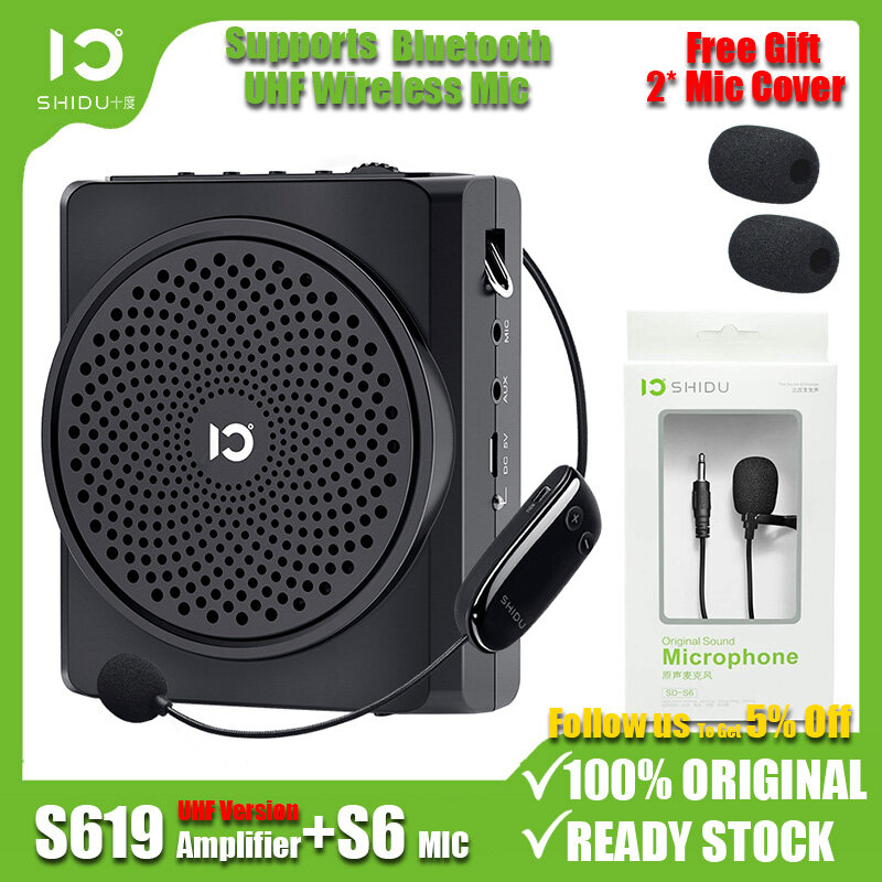 SHIDU S619 UHF Portable Voice Amplifier + S6 Lavalier Wired Mic with UHF Microphone Headset, Mini Bluetooth Pa Speaker 16W 2200mAh Rechargeable Personal Amplifier for Teachers Tour Guide Yoga Training