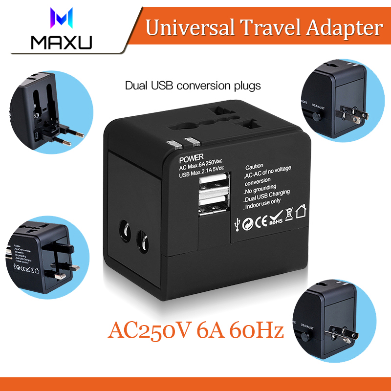 International Travel Adapter 6A Universal Conversion Plug US UK EU AU 2 Pin/3 Pin Power Socket with 2.1A Fast-Charging 2 USB Ports