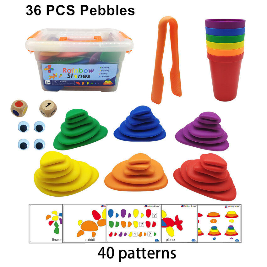 Moulty Education Rainbow Pebbles with Stacking Cups - Montessori Educational Sorting and Stacking Rainbow Toys For 3 Year Old Boys and Girls with 36pcs Pebbles Math Manipulatives, Toy Storage and Todd