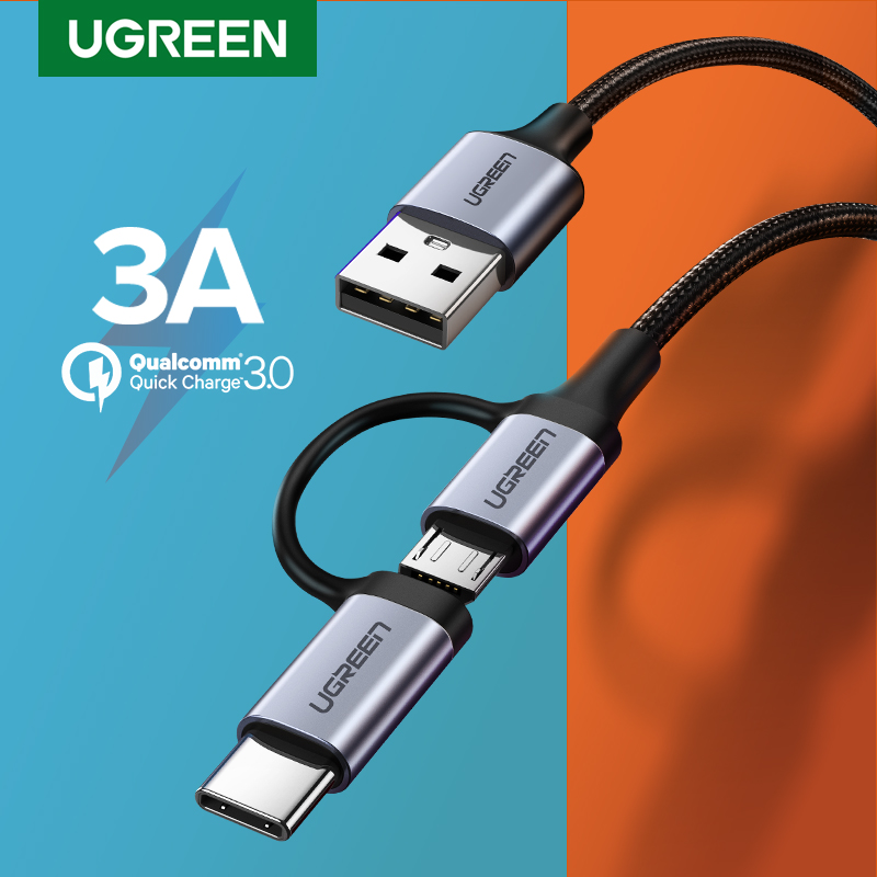 UGREEN 1 Meter 2 in 1 Micro USB Cable + Type C Cable 3A Fast Charging USB Cable for Samsung Galaxy s10+, Realme, OPPO R11, Vivo V11, Android USB C Cable for Xiaomi 5 -1m - intl