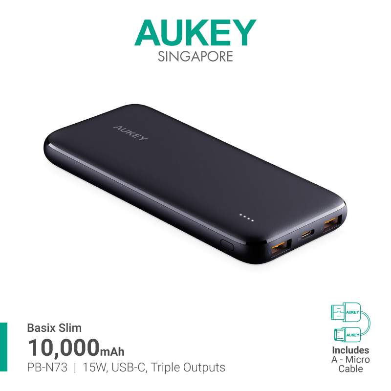 Aukey PB-N73/PB-N73C Ultra Thin Portable Charger 10000mAH 3-Port USB C PD 12W / 18W Fast Charge Power Bank (18 Months Warranty)