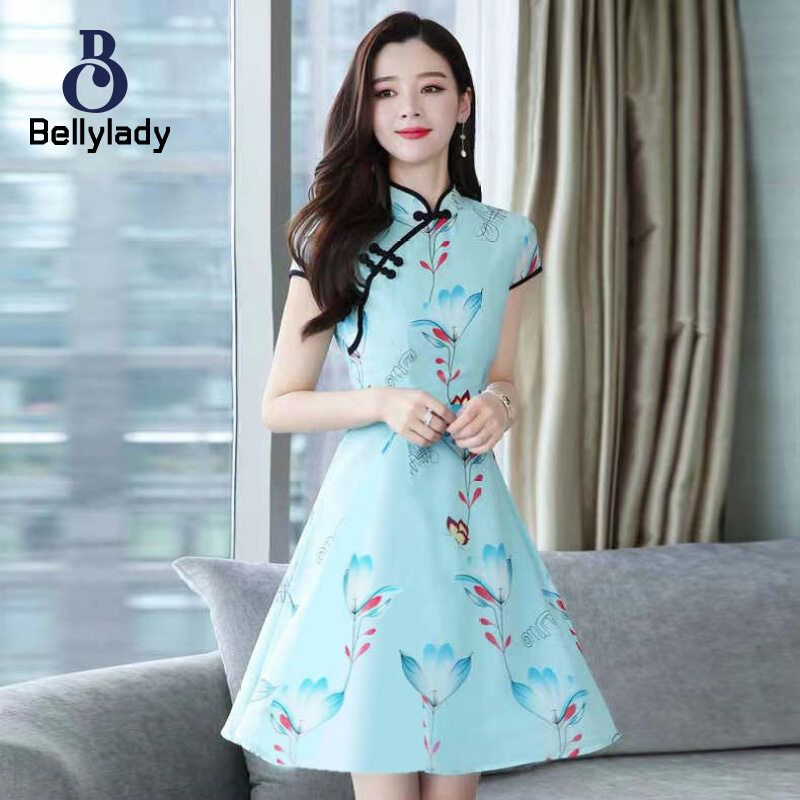 BellyLady Women Cheongsam Dress Retro Chinese Ethnic Style Print Stand-up Collar Short Sleeve Slimming Waist Fit Skirt