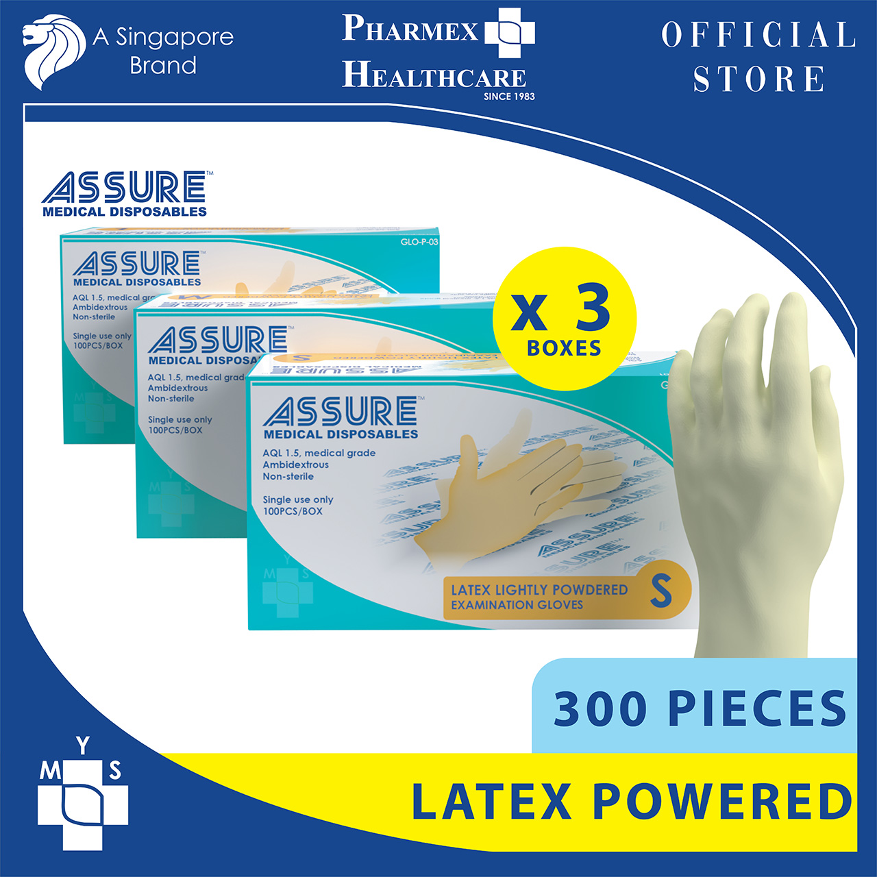 [Bundle of 3] ASSURE Latex Exam Gloves Powdered 100 Pce/Box