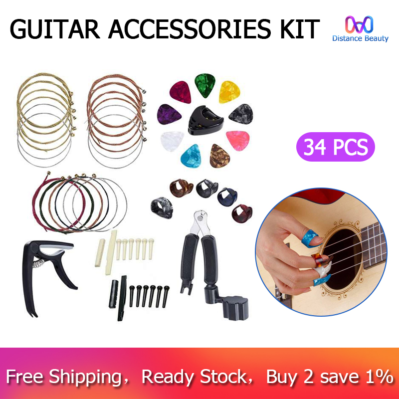 34 PCS Guitar Accessories Kit Including Guitar Picks,Capo,Acoustic Guitar Strings,3 in 1String Winder,Bridge Pins,6 String Bone Bridge Saddle and Nut,Finger Picks