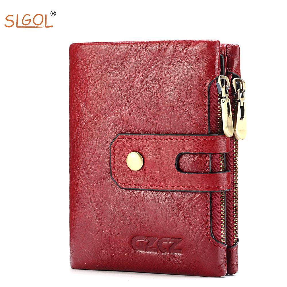 Genuine Leather Women's Wallet, SLGOL Ladies Wallet Short Fashion Hand Bag Double Zipper Buckle Change Bag Multifunction Card Bag